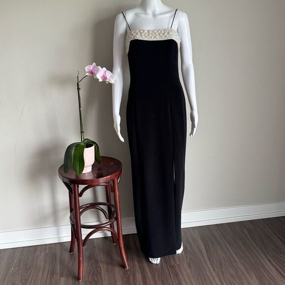 ALEX VTG 90’s Embellished Pearl Black Evening Dress With High Leg Slit - Picture 1 of 9
